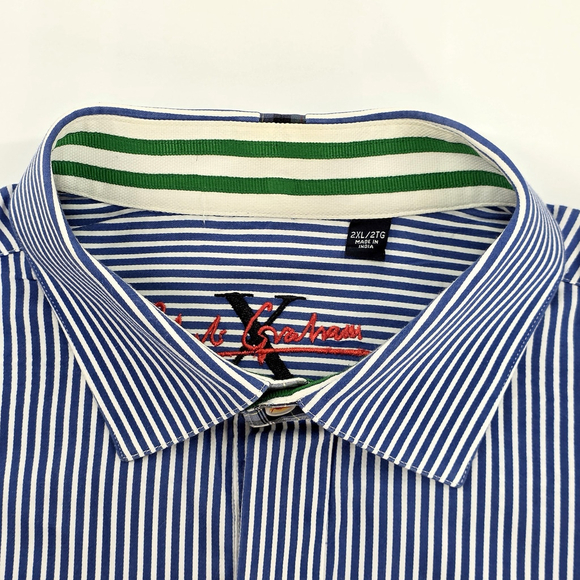 Robert Graham Blue White Stripe Dress Shirt Men’s 2XL Cotton Contrast Trim - Picture 8 of 16